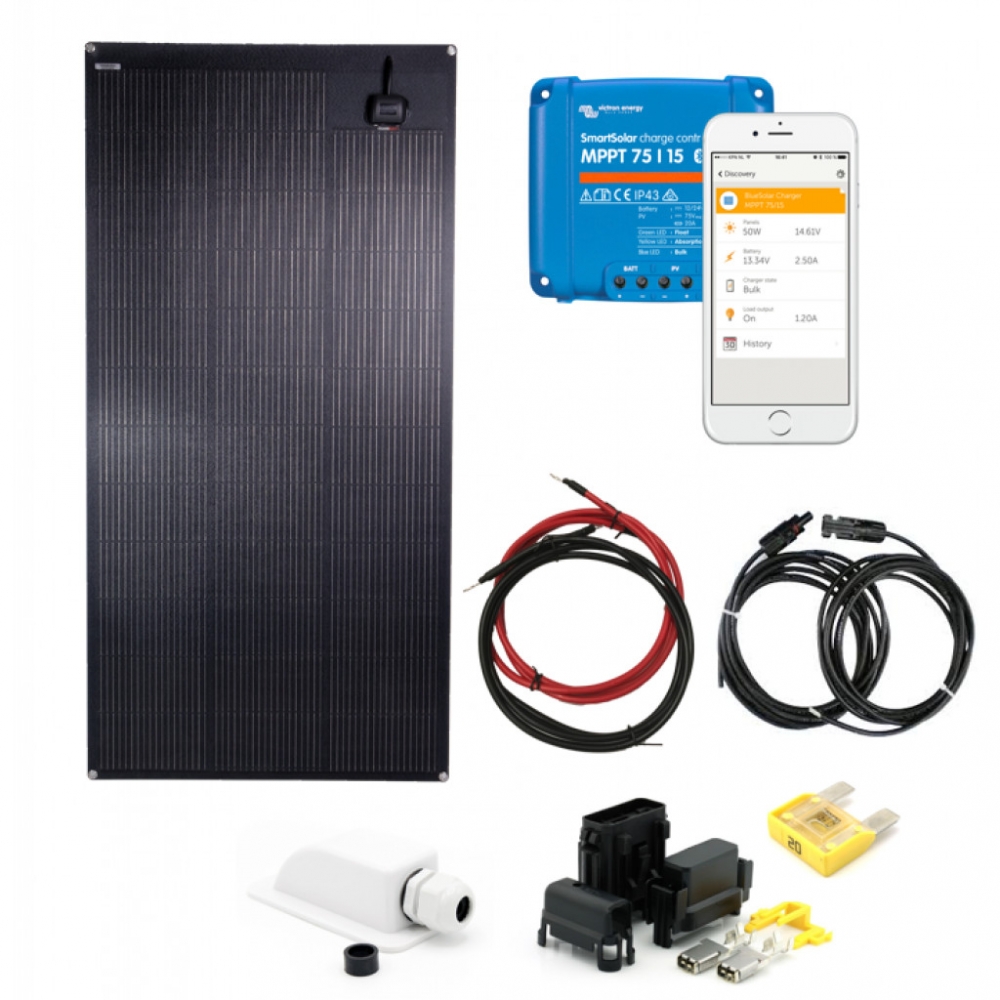 Solcellepakke med 160W Skanbatt fleksibelt solcellepanel av beste kvalitet. I denne pakken får du også en klasseledende MPPT regulator fra Victron med Bluetooth.