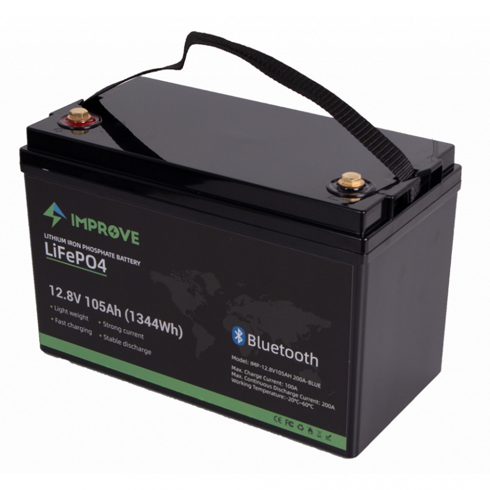 IMP-12V105AH200A-BLUE er et meget godt litium LiFePO4 batteri fra IMPROVE, spesielt designet for nordiske forhold. Dette batteriet har en BMS på hele 200A, som er ganske mye for et batteri med 100Ah kapasitet.