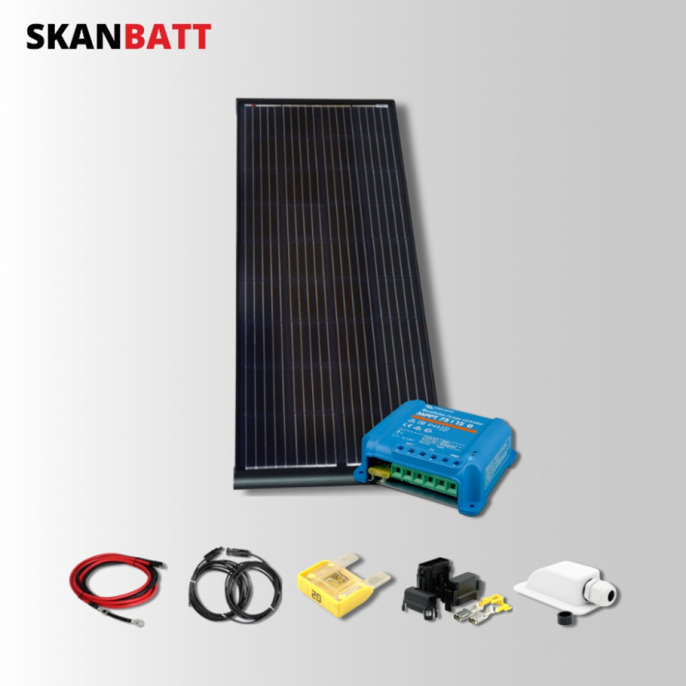 Denne pakken består av et stilig og klasseledende effektivt, Mono Aero 190w sort solcellepanel med ramme og festespoilere i hver ende og 7 meter tilkoblet kabel, en tilpasset Victron Smartsolar MPPT beste-i-klassen laderegulator.